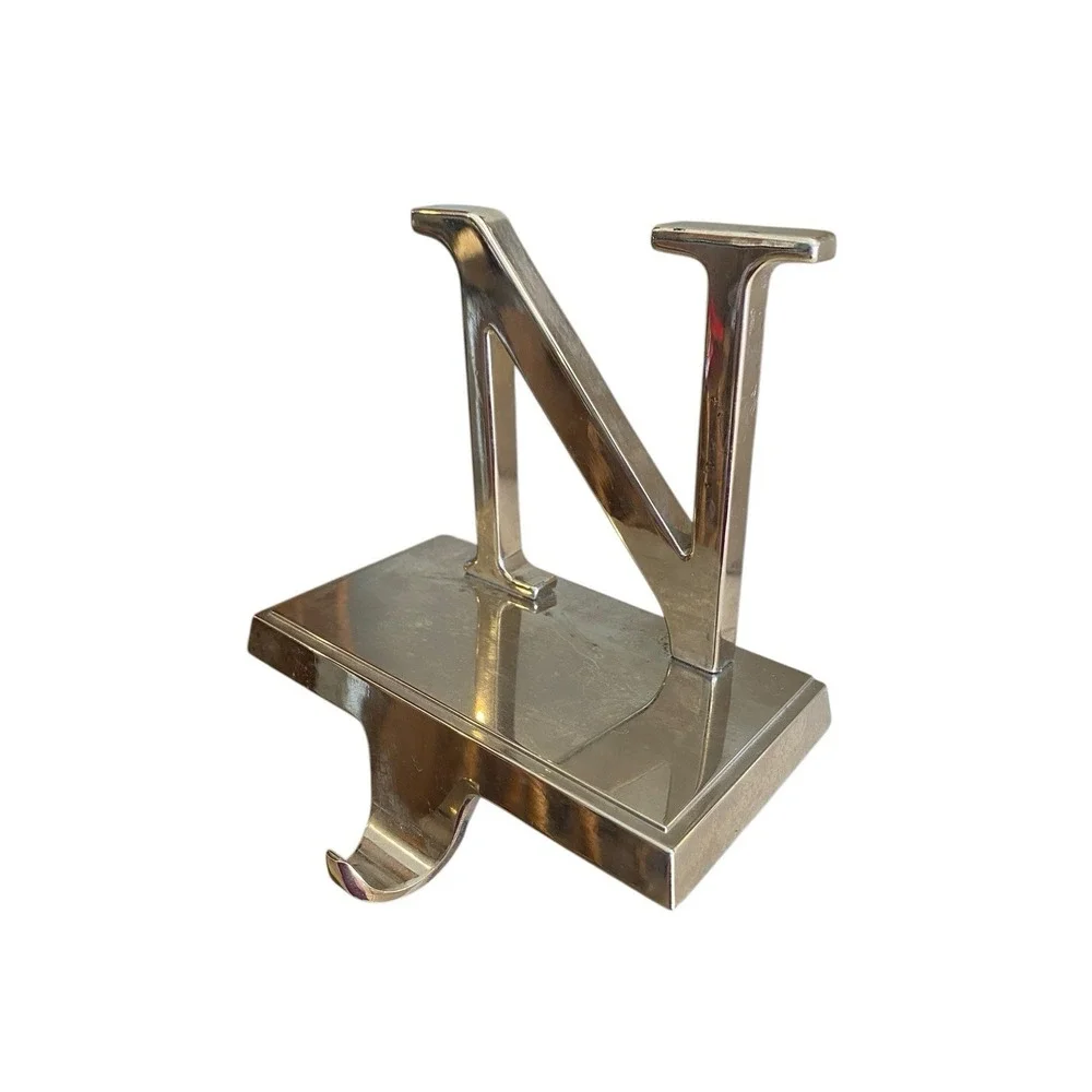 N Letter Christmas Stocking Hanger Hook Holder Mantle Fireplace Silver Metal